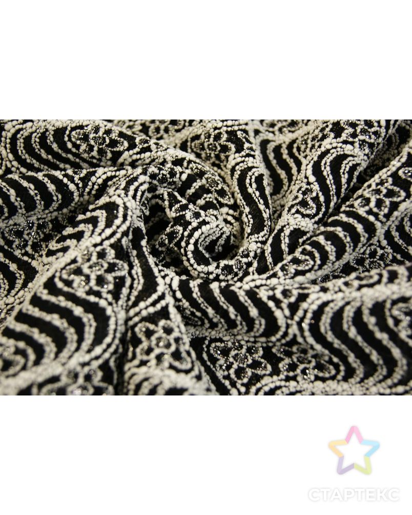 Ткань трикотажный гипюр с люрексом, цвет белые цветочки на черных волнах арт. ГТ-352-1-ГТ0021791