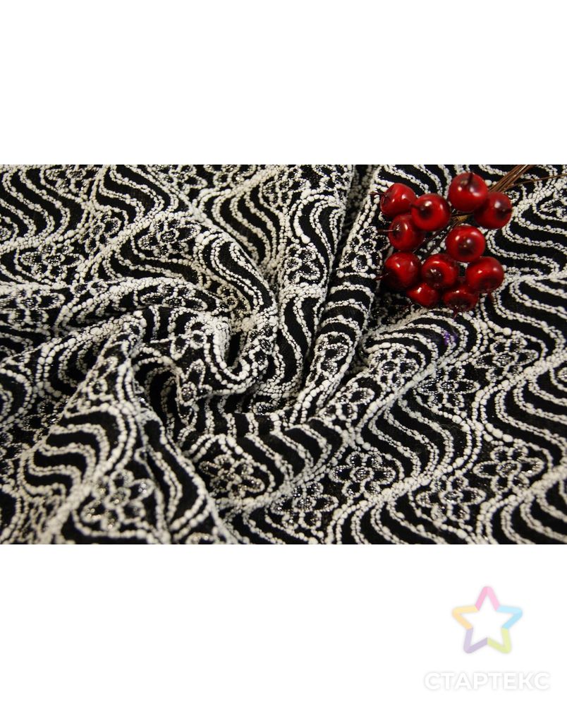 Ткань трикотажный гипюр с люрексом, цвет белые цветочки на черных волнах арт. ГТ-352-1-ГТ0021791