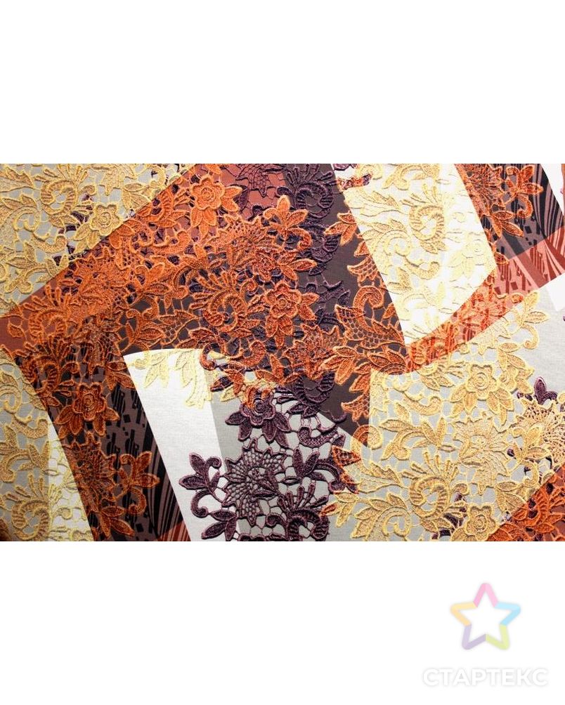 Ткань плательная трикотажная, цвет: на коричневом фоне оранжево-коричневое богатое кружево арт. ГТ-376-1-ГТ0021841