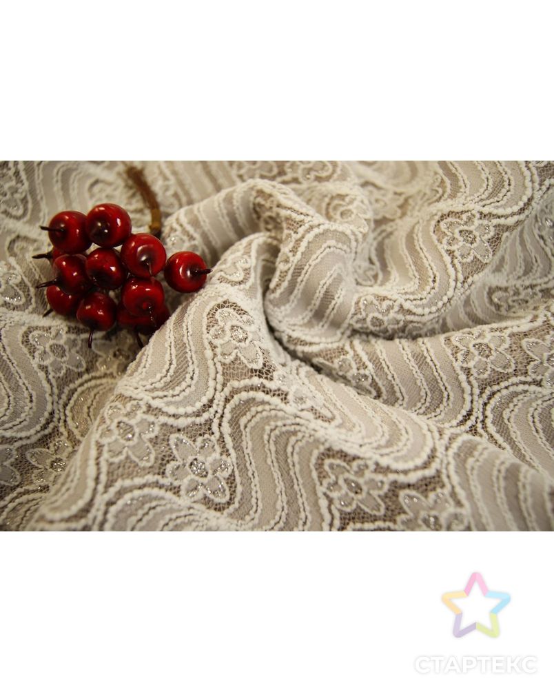 Ткань трикотажный гипюр с люрексом, цвет белые цветочки на нежно-серых волнах арт. ГТ-426-1-ГТ0021928