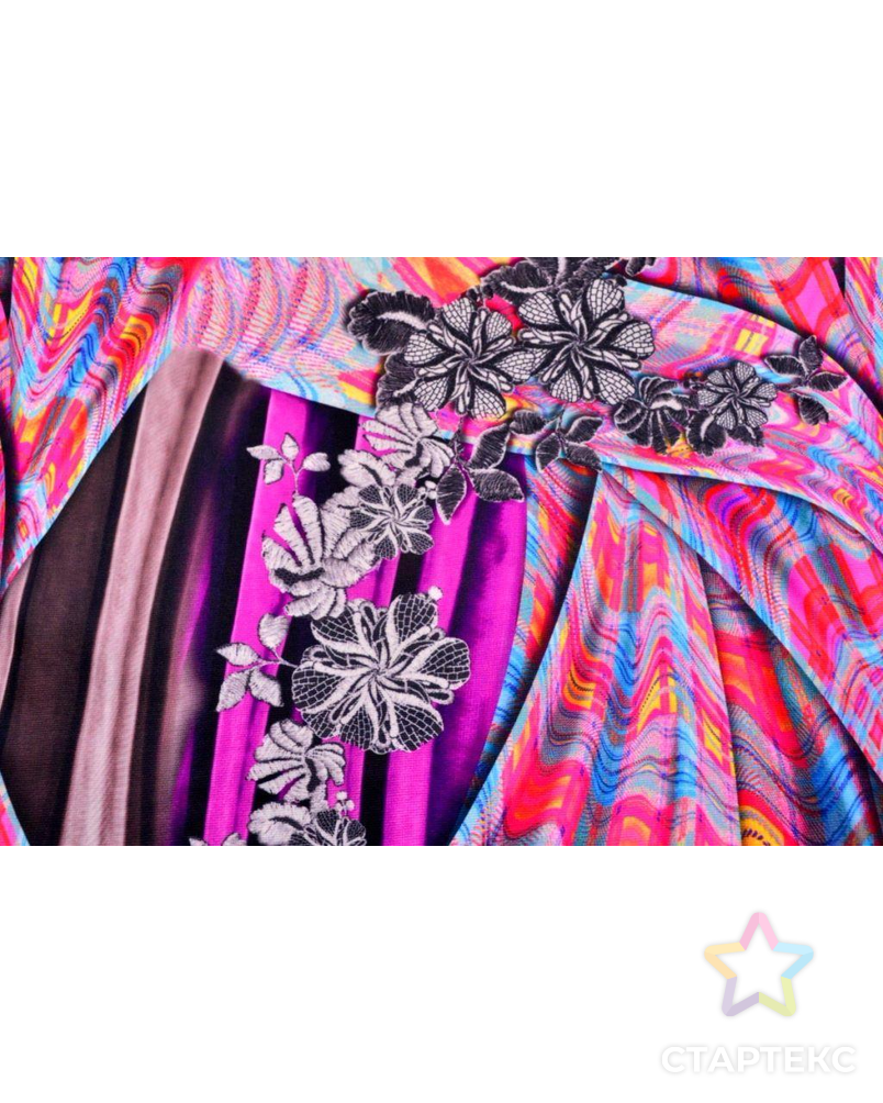 Ткань трикотажная кримплен, цвет: на бирюзово-розовом сиянии гранатовые цветы арт. ГТ-799-1-ГТ0025226