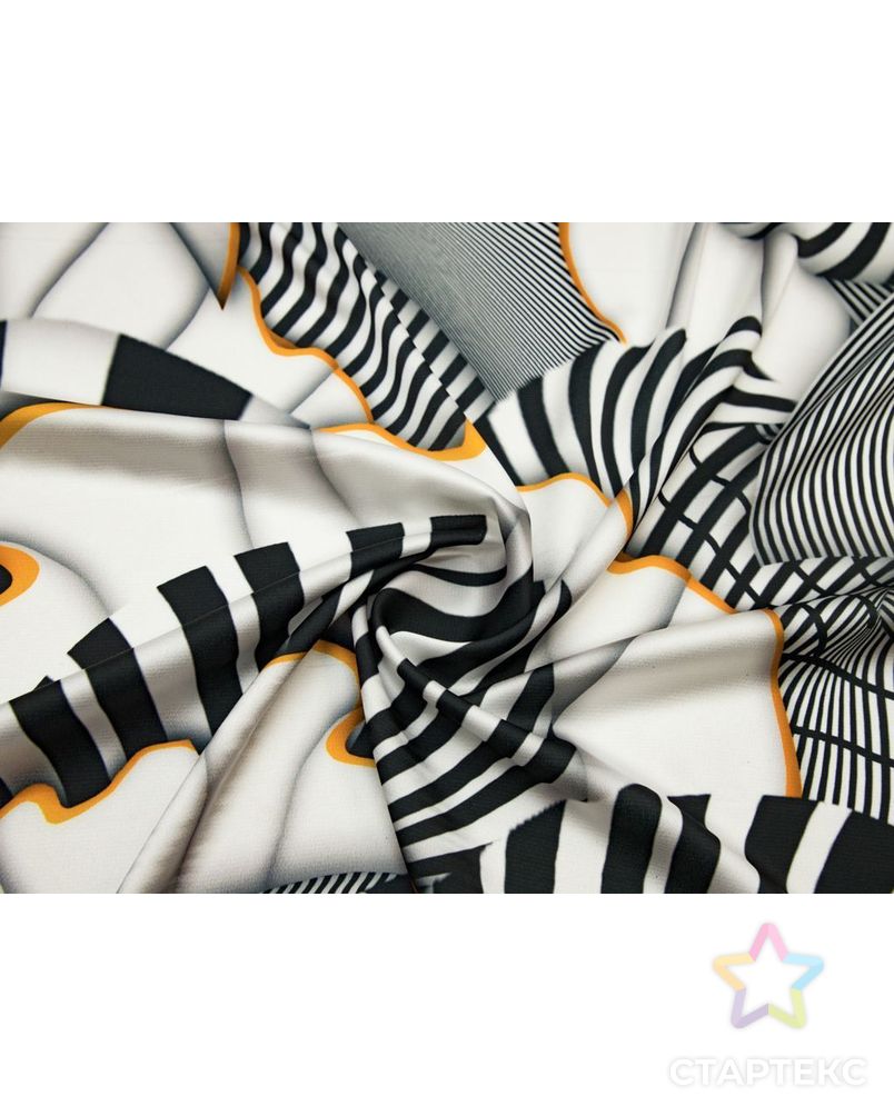 Блузочно-плательная ткань с абстрактным рисунком, цвет черно-белый с оранжевым арт. ГТ-8476-1-ГТ-28-10366-2-21-1 1