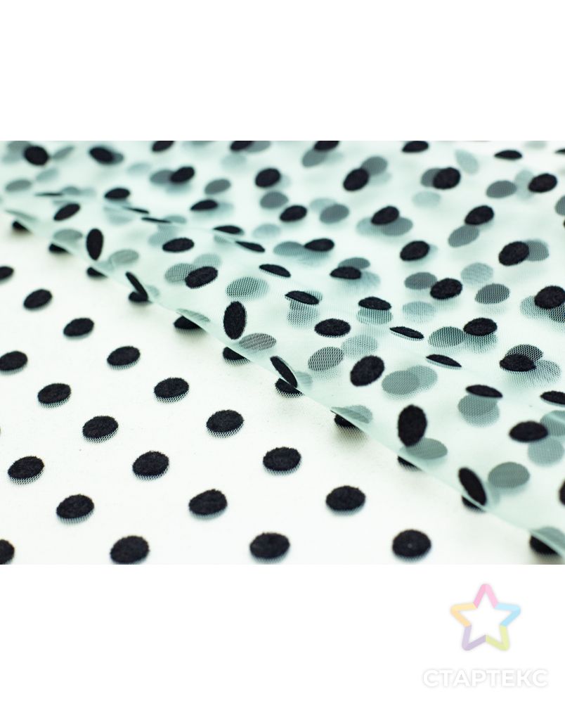 Фатин бирюзового цвета с крупными черными флок-горохами 1 см арт. ГТ-4513-1-ГТ-33-6017-9-3-1