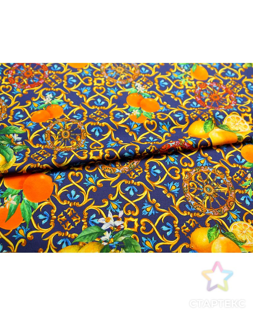 Хлопок костюмно-плательный с принтом "вензеля и апельсины" на синем фоне арт. ГТ-5114-1-ГТ-38-6789-2-21-1