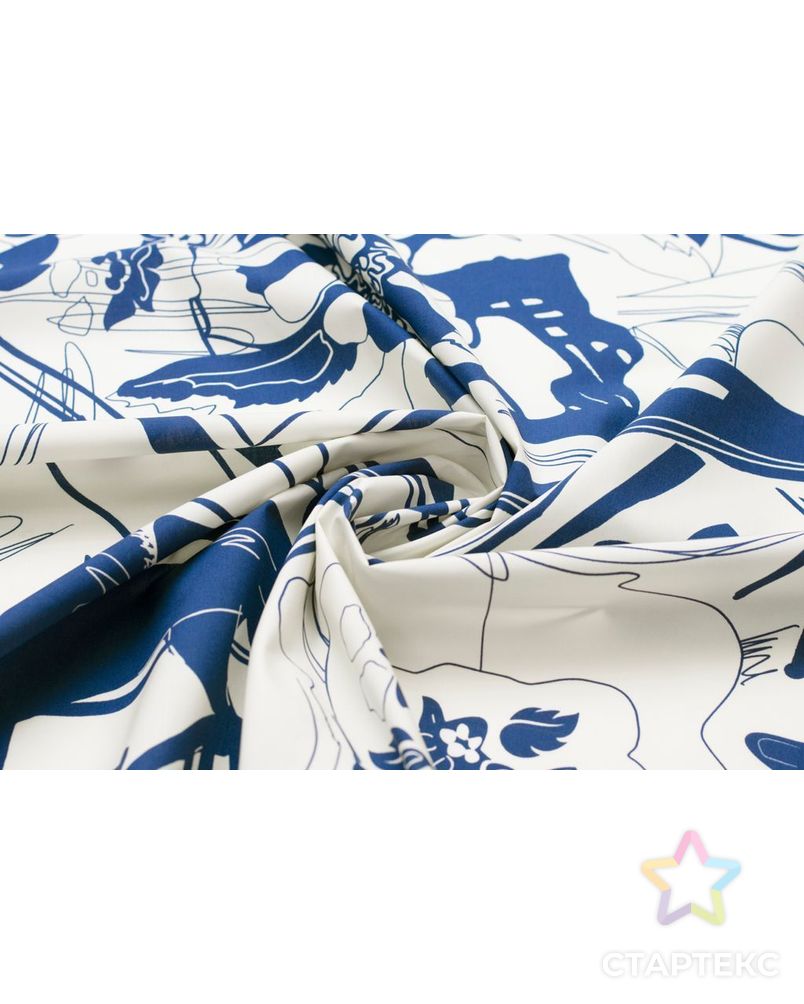 Рубашечно-плательный хлопок с рисунком "лошади с цветами", бело-синий цвет арт. ГТ-5946-1-ГТ-38-7677-16-21-1