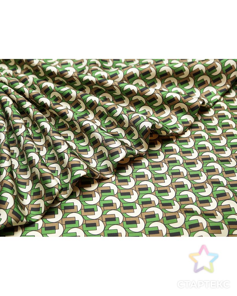 Блузочно-плательный шелк-твил с геометрическим рисунком и бордюром, цвет коричнево-зеленый арт. ГТ-5668-1-ГТ-39-7413-2-21-1
