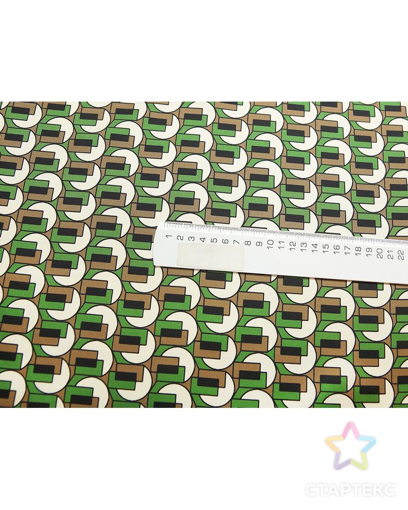 Блузочно-плательный шелк-твил с геометрическим рисунком и бордюром, цвет коричнево-зеленый арт. ГТ-5668-1-ГТ-39-7413-2-21-1