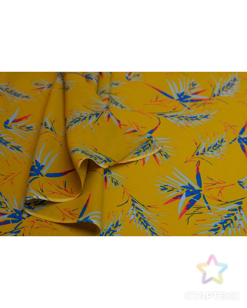 Блузочно-плательный шелк с разноцветными перьями на горчичном фоне арт. ГТ-6008-1-ГТ-39-7740-16-21-1 2