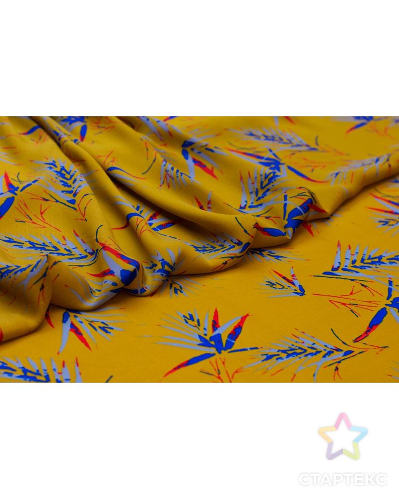 Блузочно-плательный шелк с разноцветными перьями на горчичном фоне арт. ГТ-6008-1-ГТ-39-7740-16-21-1 7