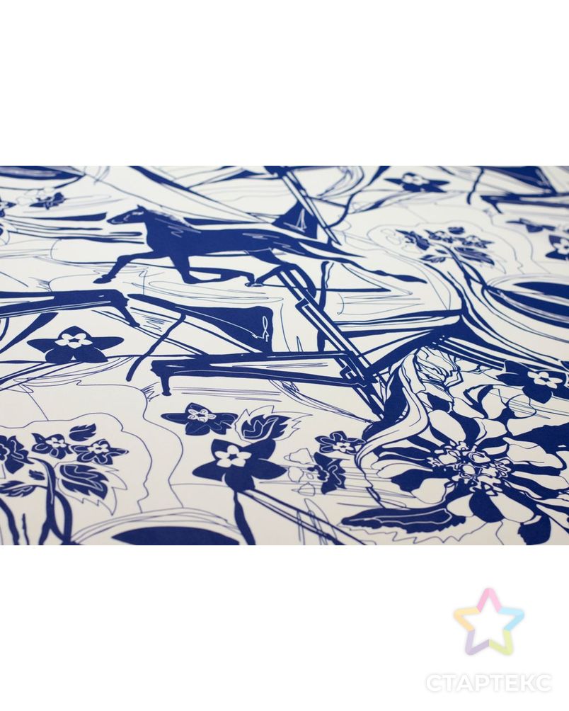Шифон блузочно-плательный с абстрактным рисунком "Лошади", сине-белый цвет арт. ГТ-6061-1-ГТ-42-7805-2-21-1