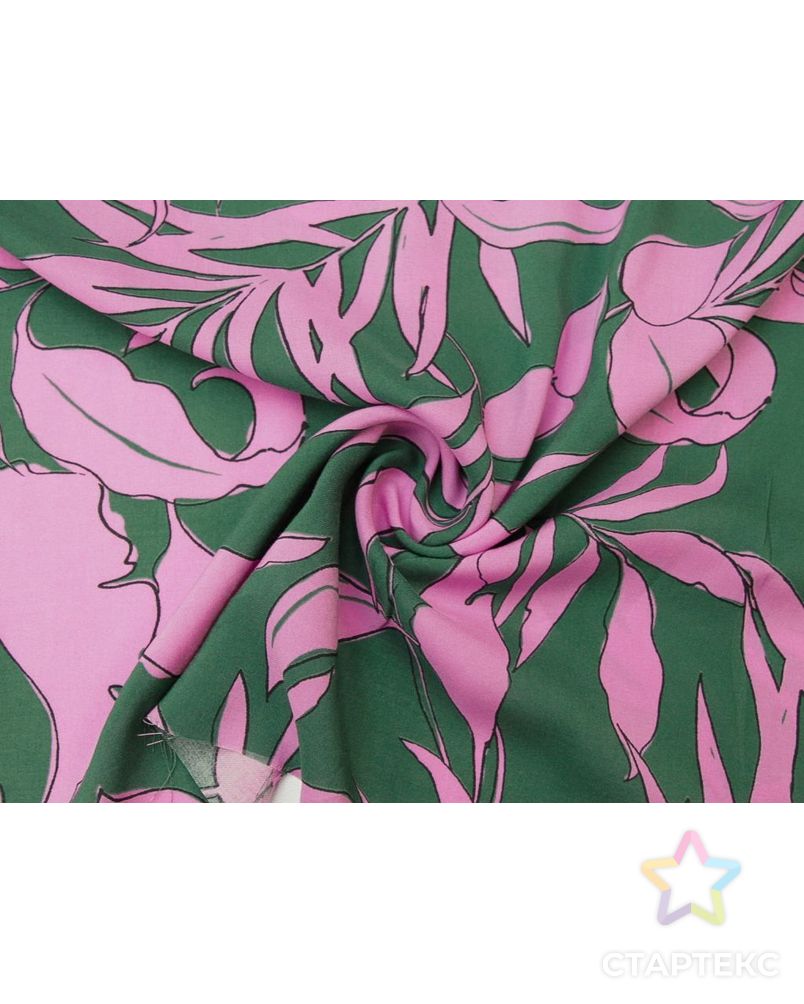 Штапель с  рисунком "Розовые листья"  на зеленом фоне арт. ГТ-8756-1-ГТ-43-10645-11-21-1 1