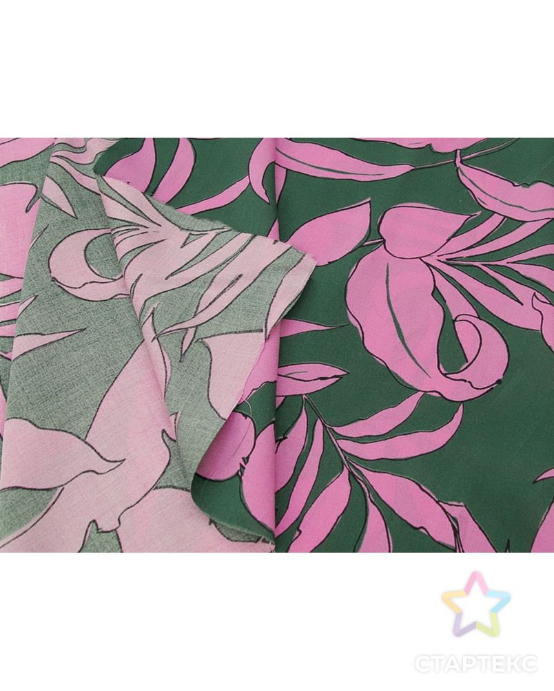 Штапель с  рисунком "Розовые листья"  на зеленом фоне арт. ГТ-8756-1-ГТ-43-10645-11-21-1 4