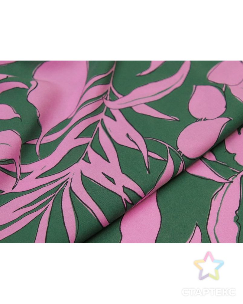 Штапель с  рисунком "Розовые листья"  на зеленом фоне арт. ГТ-8756-1-ГТ-43-10645-11-21-1 5