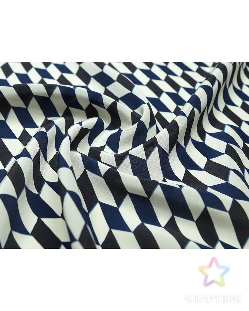 Шелковая блузочно-плательная ткань с геометрическим рисунком синего, черного и белого цветов арт. ГТ-2527-1-ГТ0047297 1
