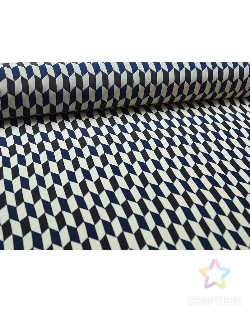 Шелковая блузочно-плательная ткань с геометрическим рисунком синего, черного и белого цветов арт. ГТ-2527-1-ГТ0047297