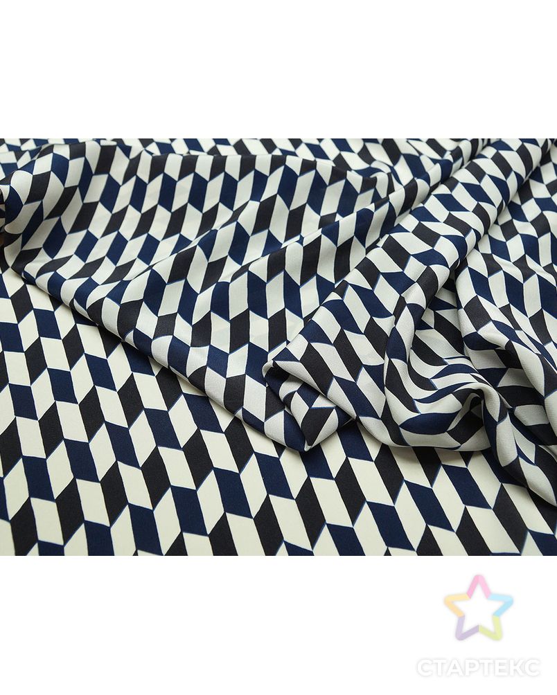 Шелковая блузочно-плательная ткань с геометрическим рисунком синего, черного и белого цветов арт. ГТ-2527-1-ГТ0047297 3