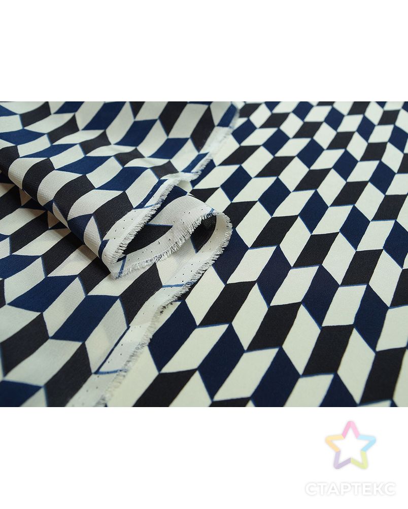 Шелковая блузочно-плательная ткань с геометрическим рисунком синего, черного и белого цветов арт. ГТ-2527-1-ГТ0047297 4