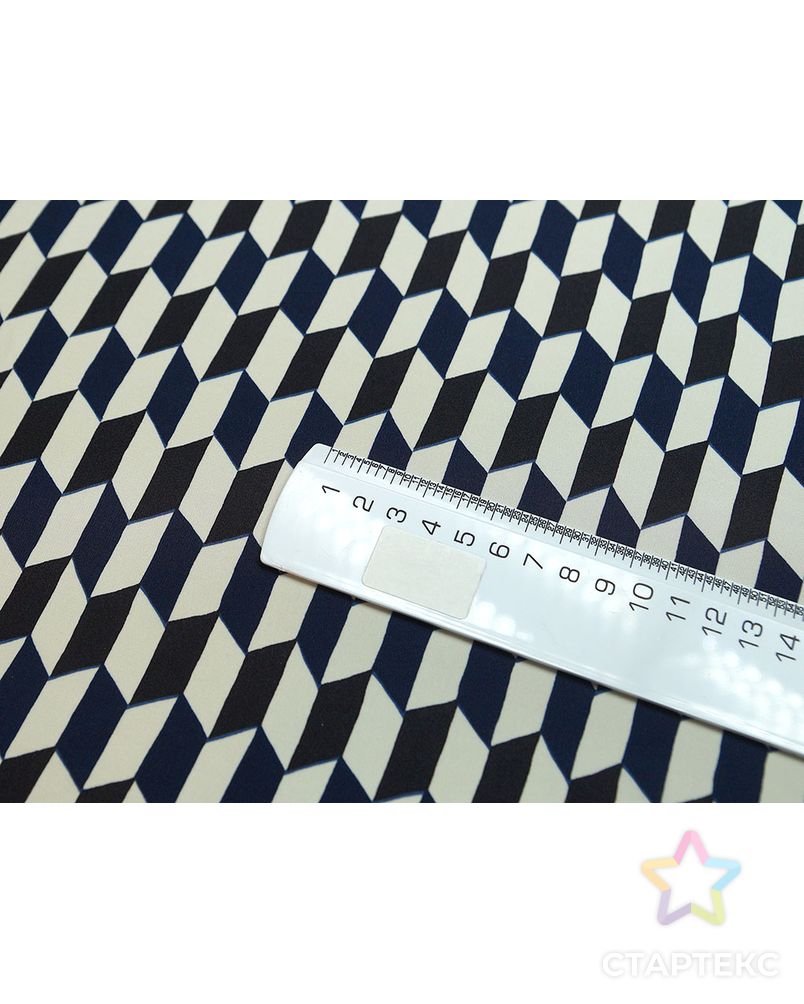 Шелковая блузочно-плательная ткань с геометрическим рисунком синего, черного и белого цветов арт. ГТ-2527-1-ГТ0047297