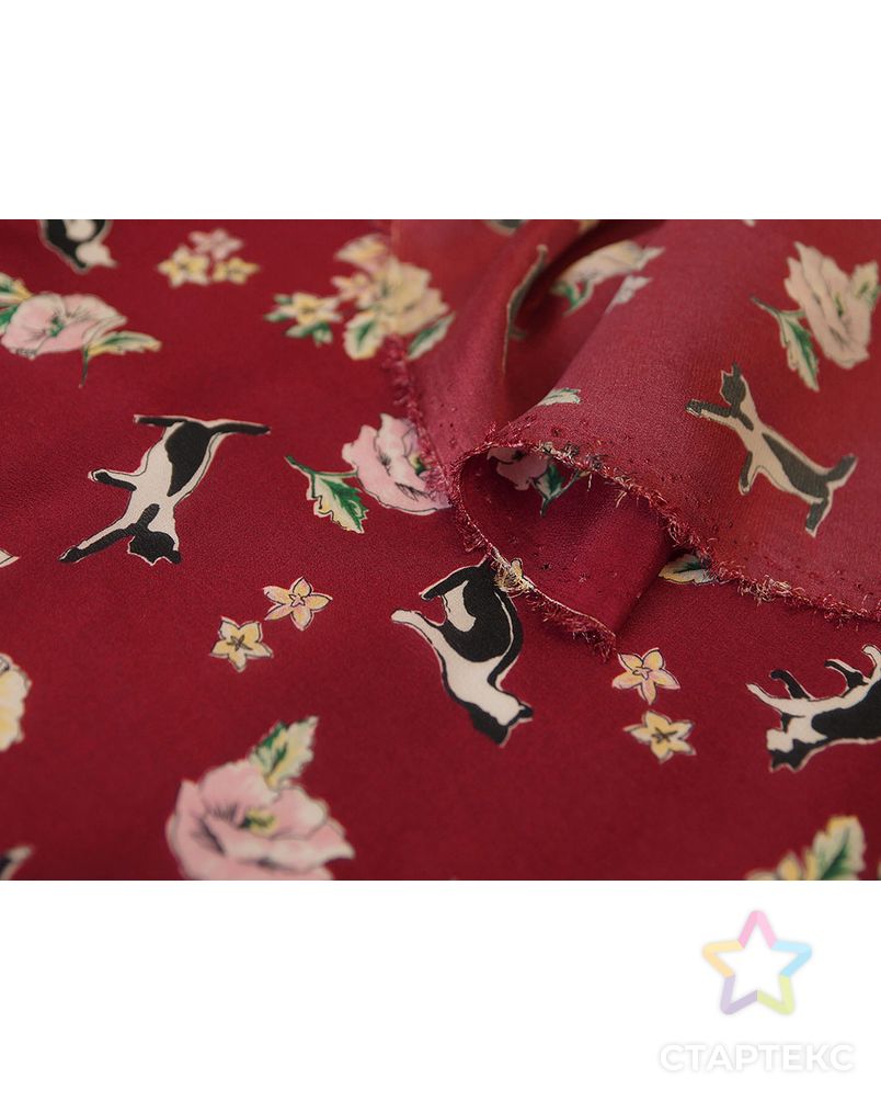 Шелковая блузочная ткань с цветочным рисунком и кошками на бордовом фоне арт. ГТ-2538-1-ГТ0047311 6
