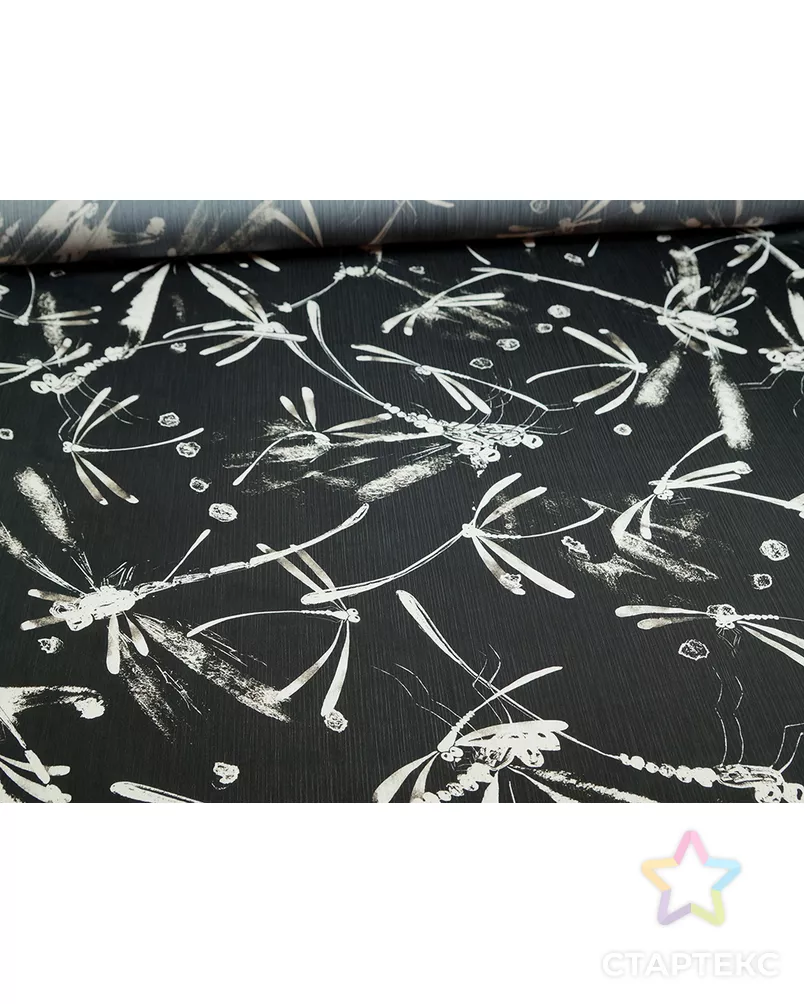 Блузочная ткань с принтом "стрекозы", черно-белый цвет арт. ГТ-5265-1-ГТ-5-6957-13-37-1 - рис. 2