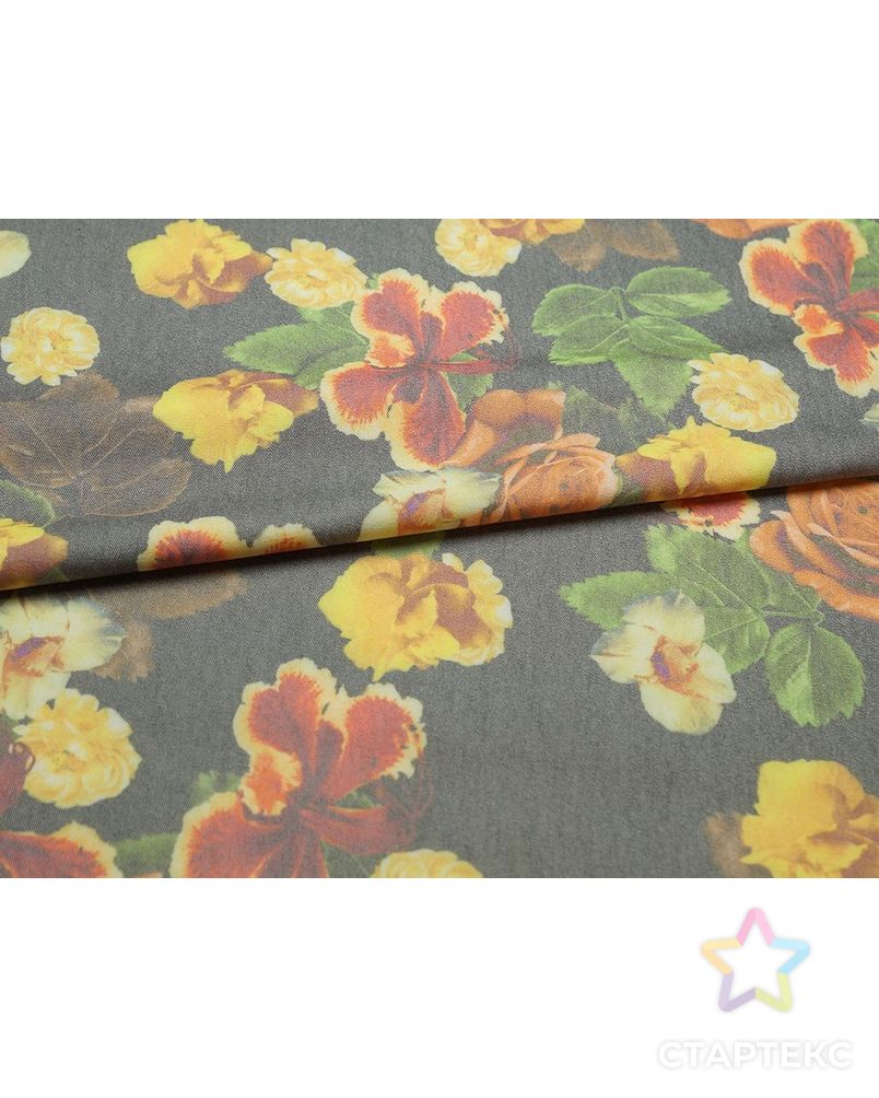 Ткань джинсовая, цвет на дымчато-сером фоне коралловые и желтые розы арт. ГТ-77-1-ГТ0020462 8