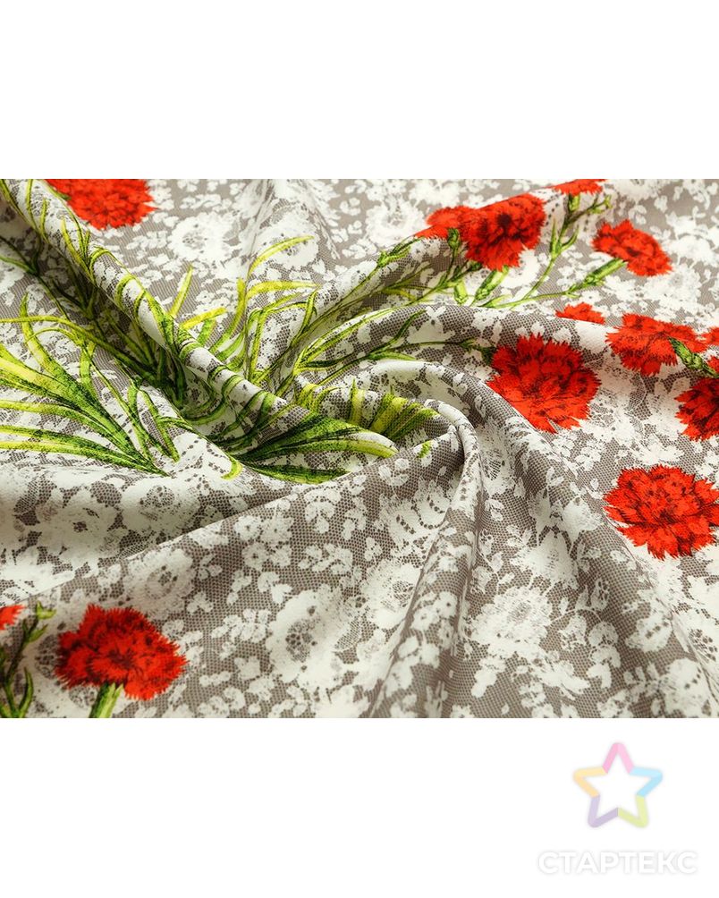 Ткань креп, цвет: серо-бежевый фон, на белом гипюре красные гвоздики (Раппорт 0,87м.) арт. ГТ-216-1-ГТ0021483