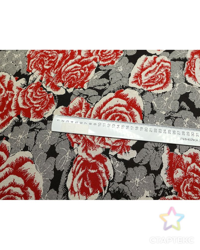 Ткань трикотажная вискозная, цвет: на черно-сером фоне крупные красные розы арт. ГТ-494-1-ГТ0023017