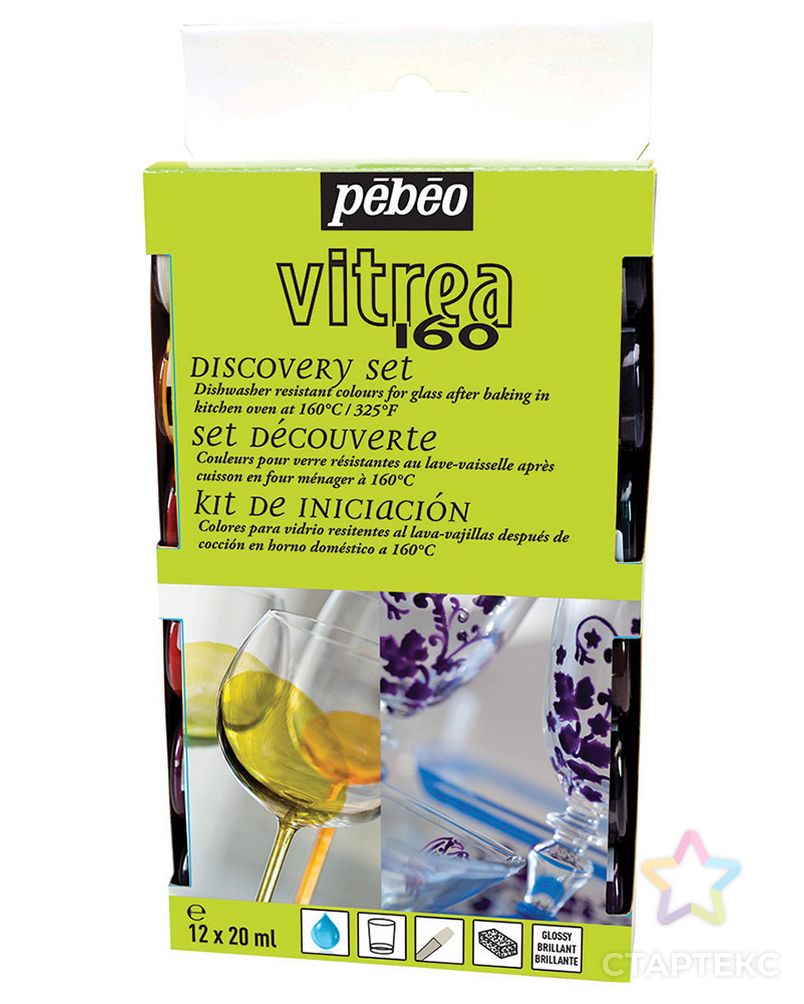 Набор красок "PEBEO" Vitrea 160 по стеклу под обжиг глянцевые 754404 12цв. 20мл арт. ГММ-10768-1-ГММ0024508