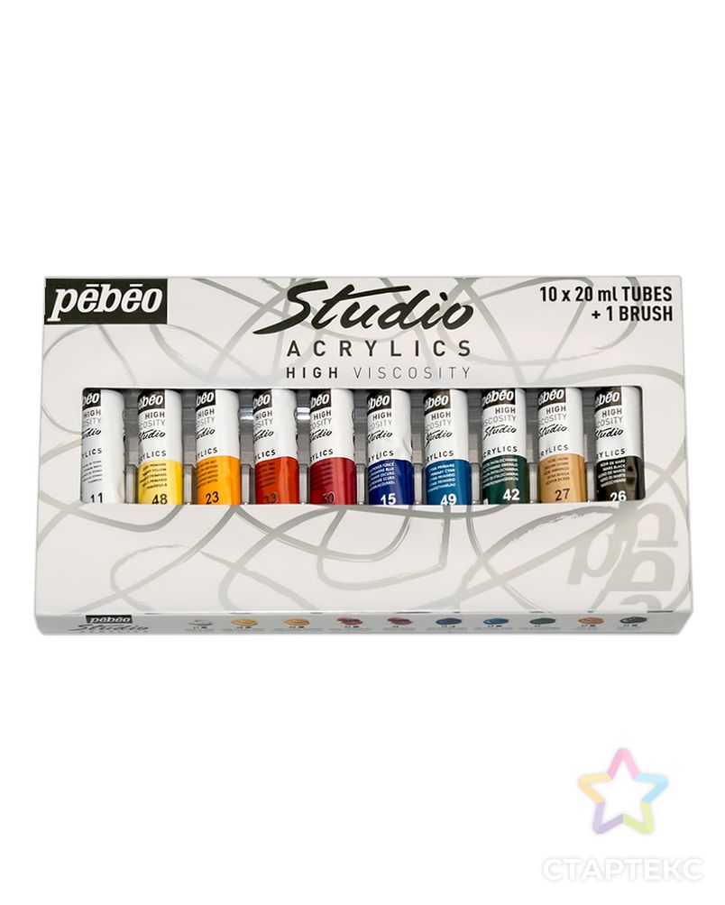Краски акриловые "PEBEO" набор Studio Acrylics с кистью 10 цв. 20 мл арт. ГММ-27-1-ГММ0055521 1