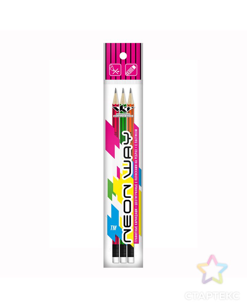 "ВКФ" "Neon way" 3P 1-1555 Набор графитных карандашей ОПП неон с полосками на ребрах с ластиком ТМ (HB) 10 х 3 шт. арт. ГММ-10154-1-ГММ0036498 1