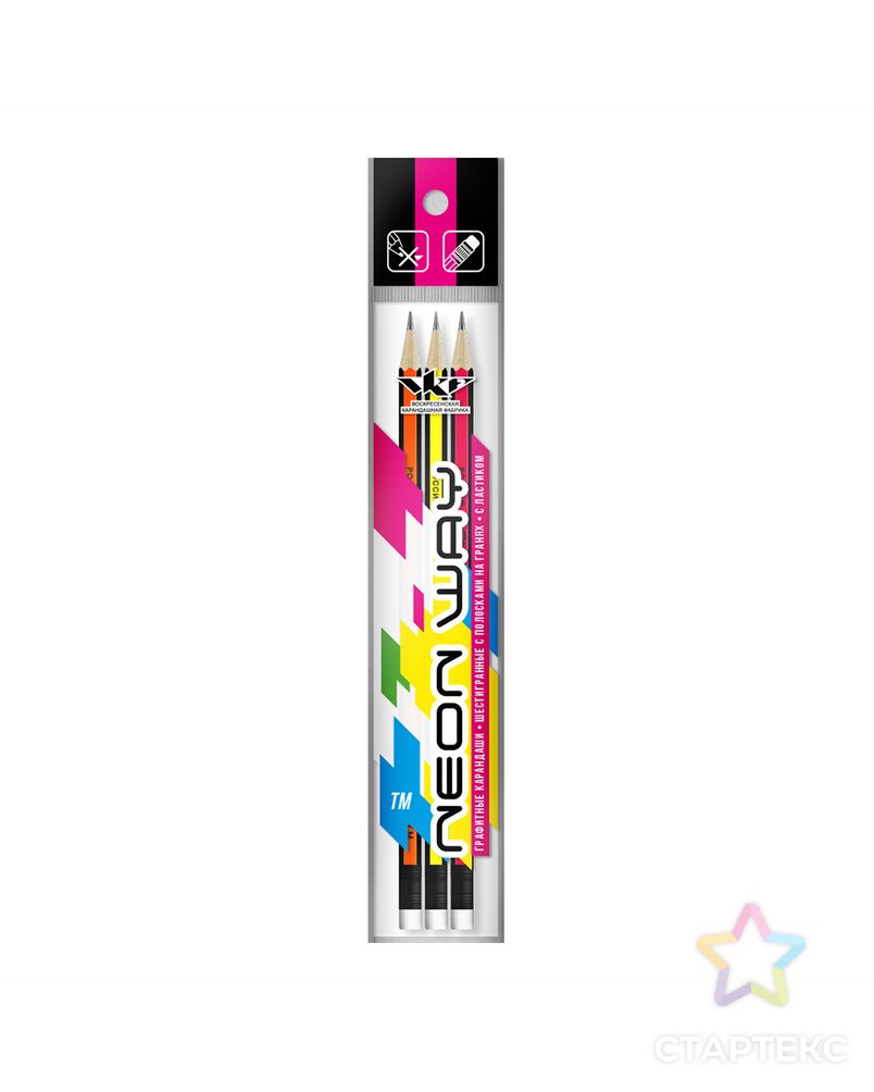"ВКФ" "Neon way" 3P 1-1565 Набор графитных карандашей ОПП неон с полосатыми гранями с ластиком ТМ (HB) 10 х 3 шт. арт. ГММ-10157-1-ГММ0040006