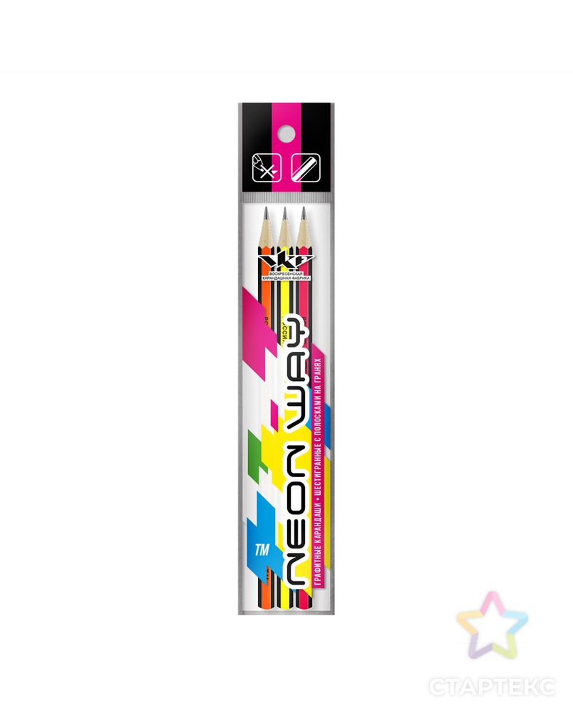 "ВКФ" "Neon way" 3P-1565 Набор графитных карандашей ОПП неон с полосатыми гранями ТМ (HB) 10 х 3 шт. арт. ГММ-10164-1-ГММ0080172