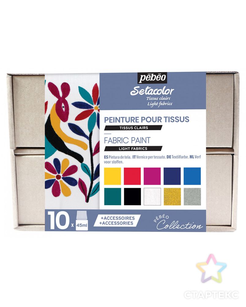 "PEBEO" Набор красок Setacolor Light Fabrics "Коллекция" для светлых тканей с аксессуарами 10 цв. 45 мл арт. ГММ-100743-1-ГММ074432050374 1