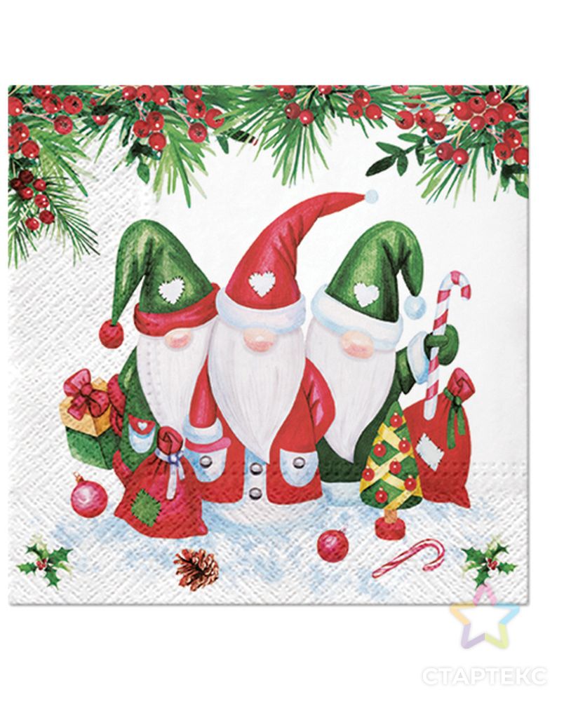 Салфетки трехслойные для декупажа, коллекция "Lunch" PAW Decor Collection "Рождественские гномы" арт. ГЕЛ-31981-1-ГЕЛ0184692 1
