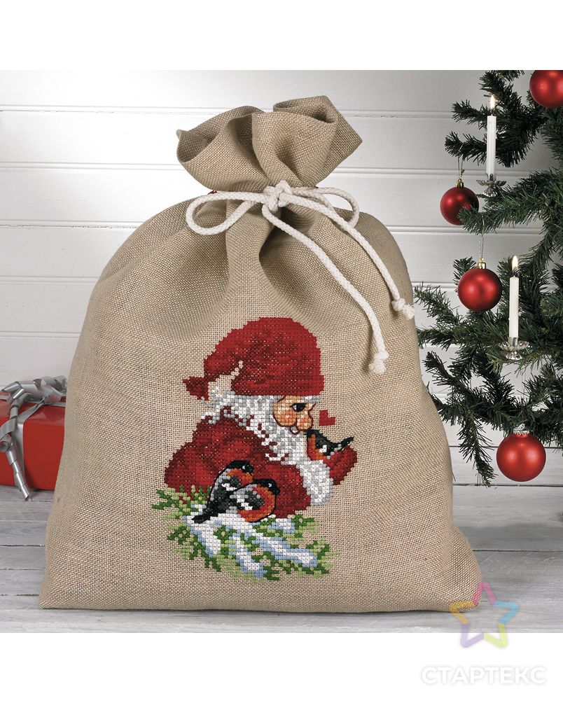 Набор для вышивания мешочка для подарков "Гном и снегирь" арт. ГЕЛ-11387-1-ГЕЛ0108854 1