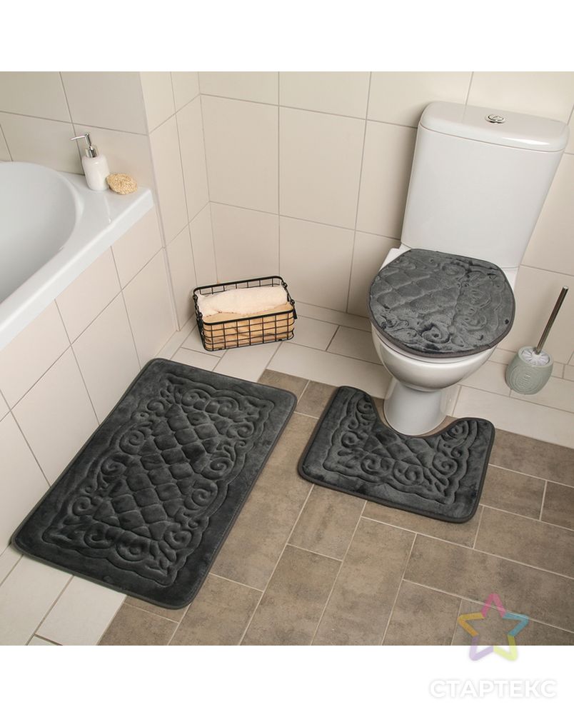 Набор ковриков для ванны и туалета «Узор», 3 шт: 38×43, 40×50, 50×80 см, цвет серый арт. СМЛ-30129-1-СМЛ1017642 2