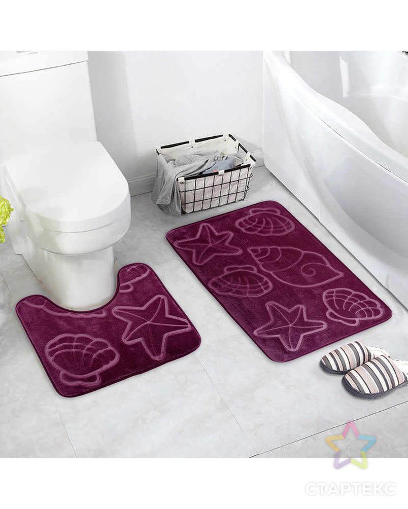 Набор ковриков для ванны и туалета «Ракушки», объёмные, 2 шт: 40×50, 50×80 см, цвет фиолетовый арт. СМЛ-30360-1-СМЛ1017675 1