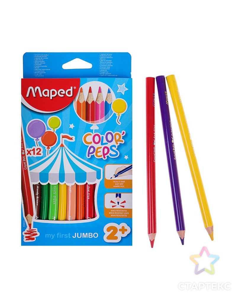 Карандаши трёхгранные, 12 цветов, Maped Color Peps Maxi, утолщённые, европодвес арт. СМЛ-185534-1-СМЛ0001040805 1