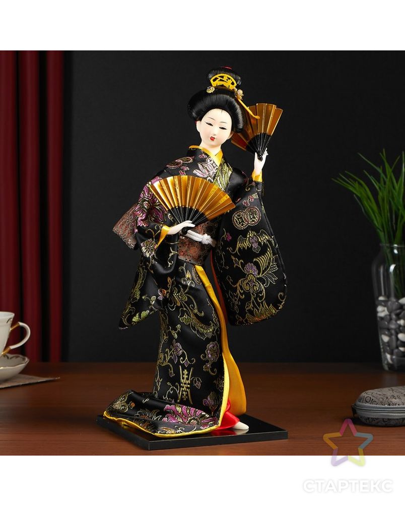 Кукла коллекционная "Гейша в черно-золотом кимоно с веерами" арт. СМЛ-104127-1-СМЛ0001062524 1