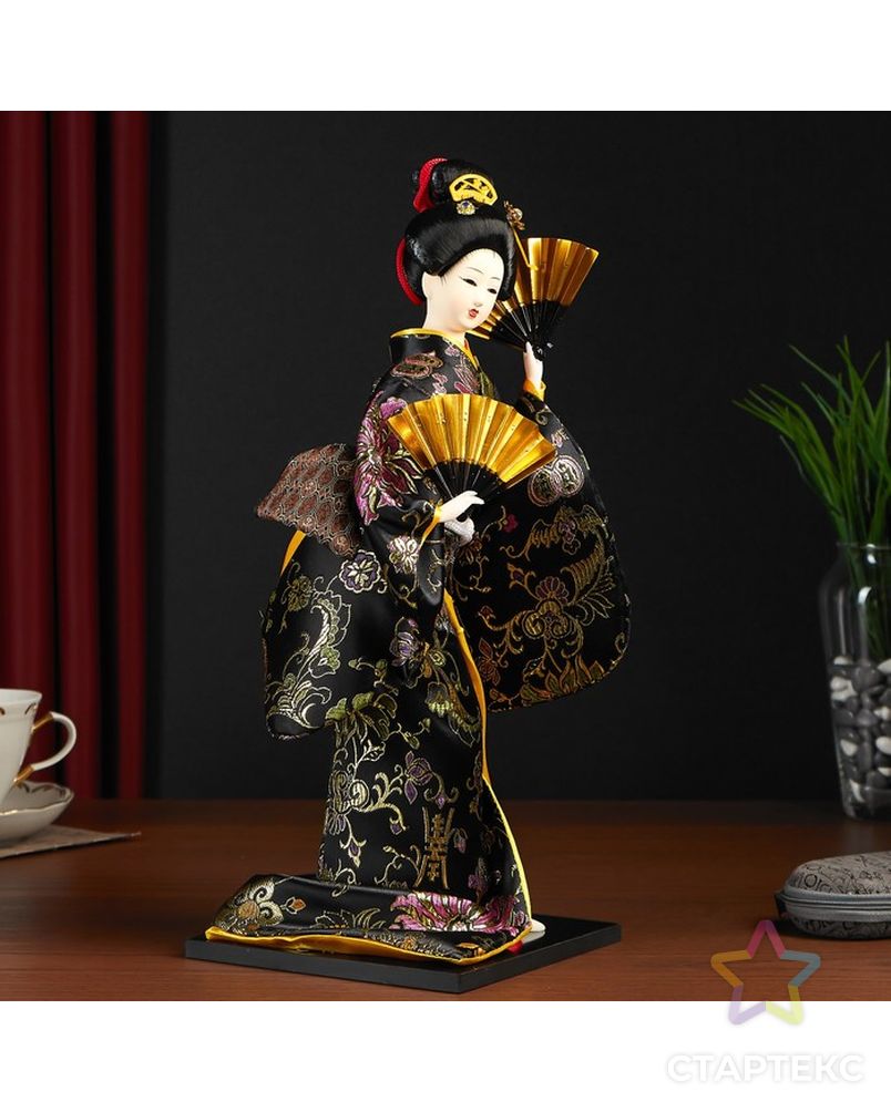 Кукла коллекционная "Гейша в черно-золотом кимоно с веерами" арт. СМЛ-104127-1-СМЛ0001062524 3