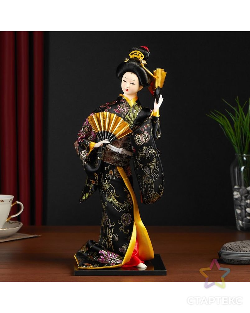 Кукла коллекционная "Гейша в черно-золотом кимоно с веерами" арт. СМЛ-104127-1-СМЛ0001062524 5