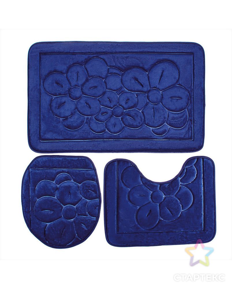 Набор ковриков для ванны и туалета, 3 шт: 36×43, 40×50, 50×80 см, цвет синий арт. СМЛ-30354-1-СМЛ1116371 1