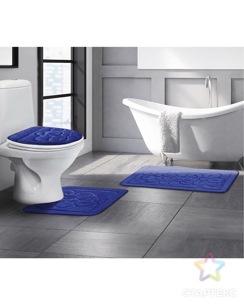 Набор ковриков для ванны и туалета, 3 шт: 36×43, 40×50, 50×80 см, цвет синий арт. СМЛ-30354-1-СМЛ1116371 2