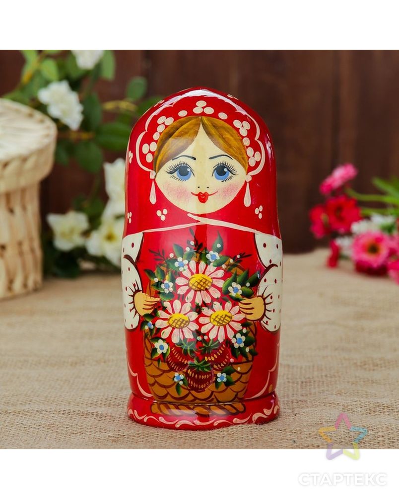 Матрёшка «Флора», красный платок, 5 кукольная, 17 см арт. СМЛ-103847-1-СМЛ0001116430