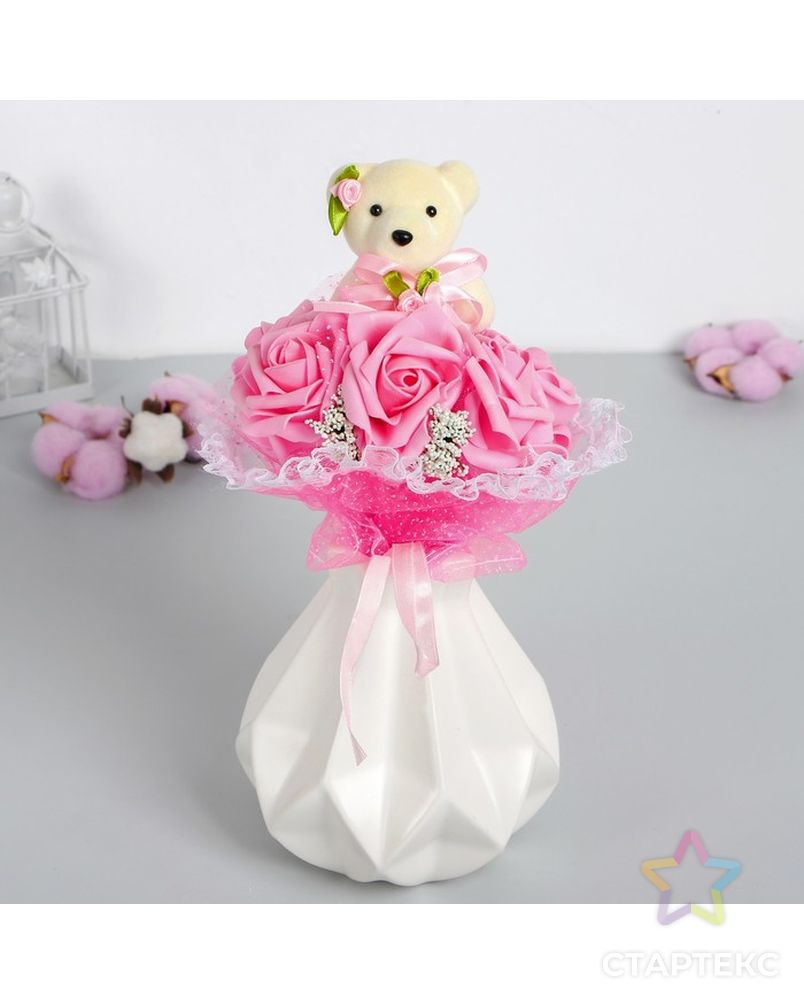 Букет «От всего сердца», с мишкой, 7 цветков, цвет розовый арт. СМЛ-42097-1-СМЛ0001184555 1