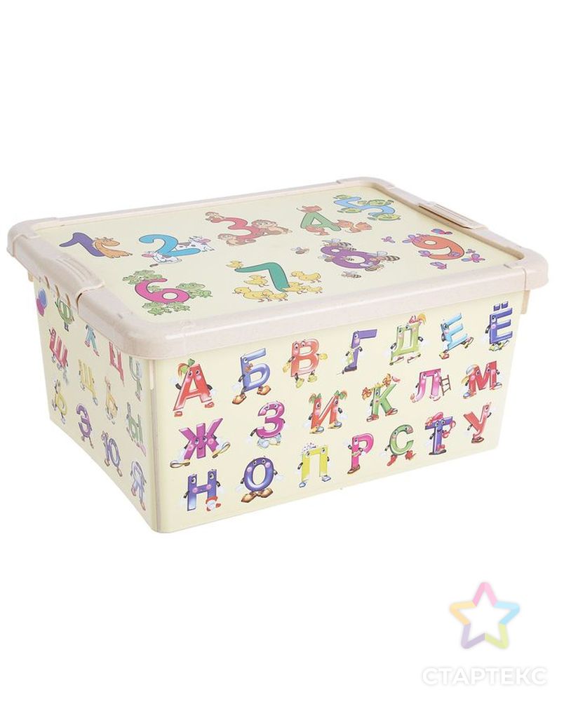 Ящик для игрушек с аппликацией «Буквы и цифры» с крышкой, 8 л, цвет бежевый арт. СМЛ-104484-1-СМЛ0001199469 1