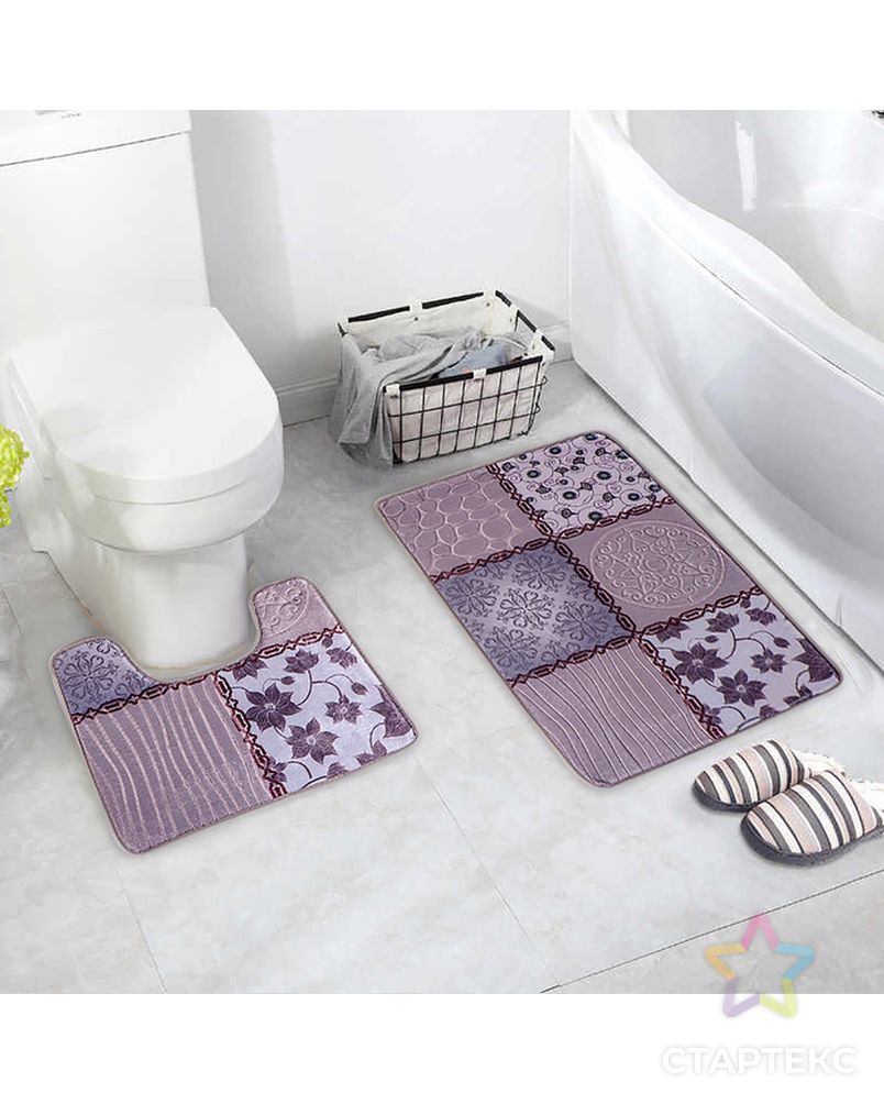 Набор ковриков для ванны и туалета 2 шт 40х50, 50х80 см "Коллаж" цвет фиолетовый арт. СМЛ-30134-1-СМЛ1279735