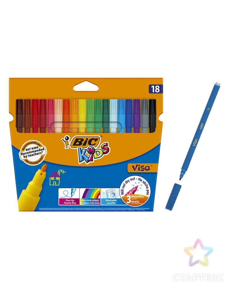 Цветные фломастеры 18 цветов, детские, смываемые, тонкое письмо, BIC Kids Visa арт. СМЛ-172759-1-СМЛ0001314667