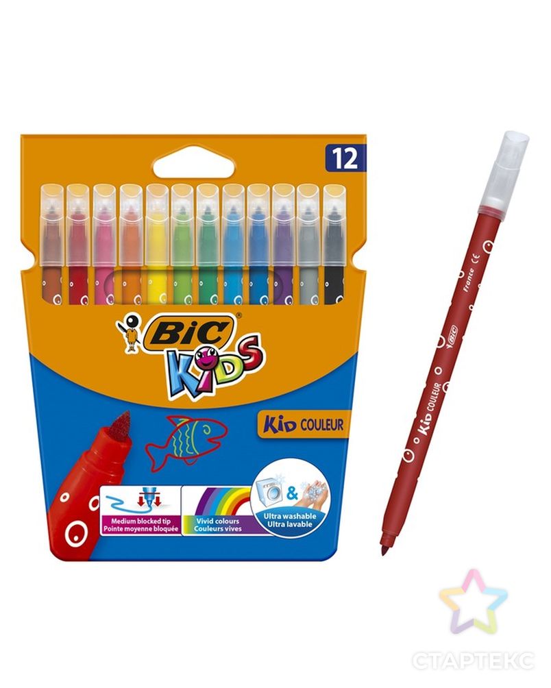 Цветные фломастеры 12 цветов, детские, смываемые, среднее письмо, BIC Kid Couleur арт. СМЛ-172763-1-СМЛ0001314668 1