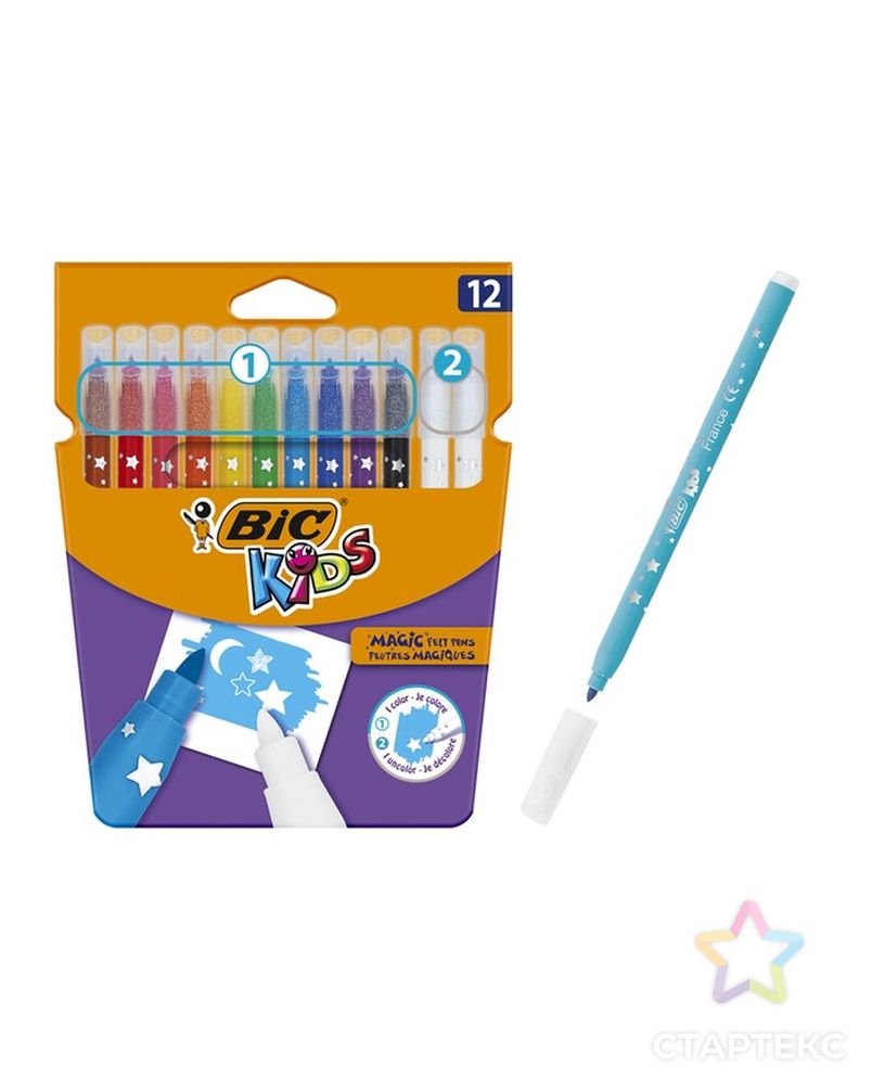 Цветные фломастеры 10 цветов и 2 обесцвечивающих, детские, стираемые, BIC Kids Magic арт. СМЛ-172756-1-СМЛ0001314669